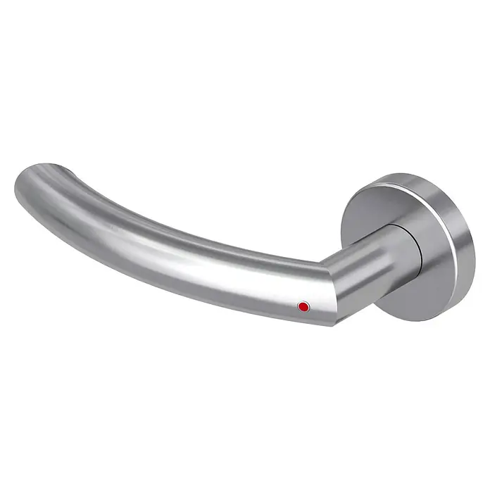 Diamond Doors Zimmertürgarnitur Wisconsin Smart2Lock links - Stärke Tür: 38 mm - 45 mm, L-Form, Edelstahl matt, DIN Anschlag: Links, Passend für: Türen ohne Schlüssellochbohrung, Türen mit Schlüssellochbohrung benötigen zusätzlich eine Blindrosette - Nahaufnahme eines modernen Türgriffs aus gebürstetem Metall mit einem kleinen roten Punkt, der auf einem schwarzen Hintergrund hervorragt.