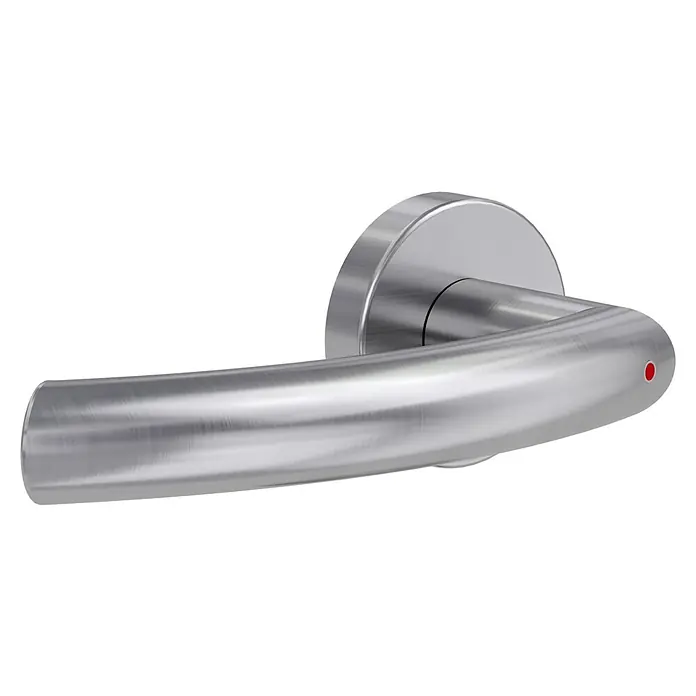 Diamond Doors Zimmertürgarnitur Wisconsin Smart2Lock links - Stärke Tür: 38 mm - 45 mm, L-Form, Edelstahl matt, DIN Anschlag: Links, Passend für: Türen ohne Schlüssellochbohrung, Türen mit Schlüssellochbohrung benötigen zusätzlich eine Blindrosette - Nahaufnahme eines eleganten, silberfarbenen Türgriffs mit einer abgerundeten Form und einem kleinen, roten Punkt am Ende des Griffs.