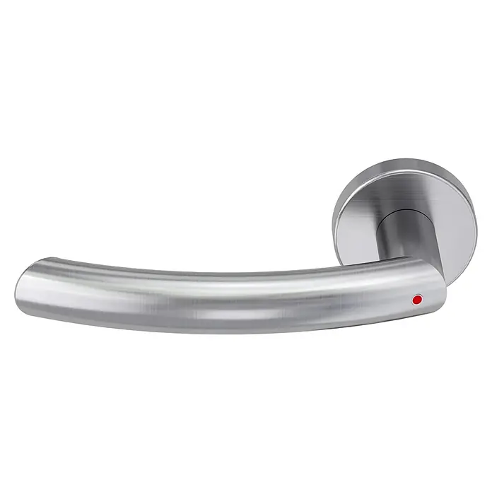 Diamond Doors Zimmertürgarnitur Wisconsin Smart2Lock links - Stärke Tür: 38 mm - 45 mm, L-Form, Edelstahl matt, DIN Anschlag: Links, Passend für: Türen ohne Schlüssellochbohrung, Türen mit Schlüssellochbohrung benötigen zusätzlich eine Blindrosette - Nahaufnahme eines eleganten Türgriffs aus gebürstetem Edelstahl mit einem kleinen roten Punkt zur Anzeige des Belegstatus.