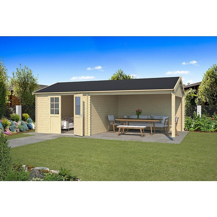 Tuinhuis Octavio met overkapping (438 x 700 x 274 cm, Vuren, Onbehandeld) | BAUHAUS