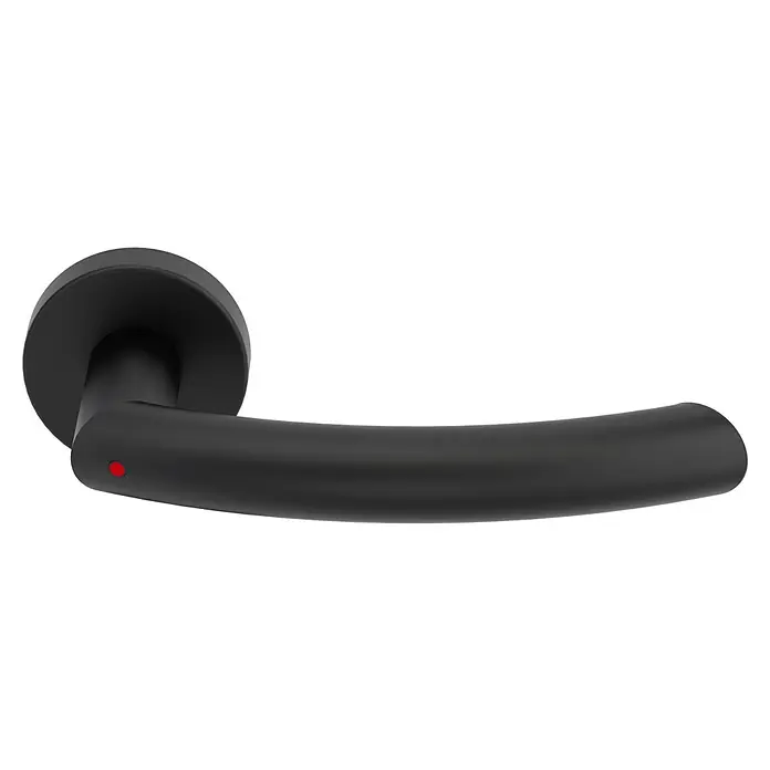 Diamond Doors Zimmertürgarnitur Wisconsin Smart2Lock rechts - Stärke Tür: 38 mm - 45 mm, L-Form, Schwarz, DIN Anschlag: Rechts, Passend für: Türen ohne Schlüssellochbohrung, Türen mit Schlüssellochbohrung benötigen zusätzlich eine Blindrosette - Eine moderne, mattschwarze Türklinke mit rundem Rosetten-Design und einem kleinen roten Punkt auf dem Griff für das Badezimmer.