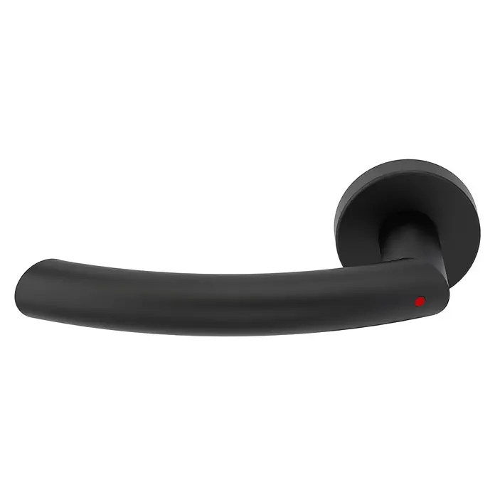 Diamond Doors Zimmertürgarnitur Wisconsin Smart2Lock links - Stärke Tür: 38 mm - 45 mm, L-Form, Schwarz, DIN Anschlag: Links, Passend für: Türen ohne Schlüssellochbohrung, Türen mit Schlüssellochbohrung benötigen zusätzlich eine Blindrosette - Nahaufnahme eines mattschwarzen Türgriffs mit abgerundetem Design und einem kleinen roten Punkt. Elegantes Detail für moderne Inneneinrichtung.