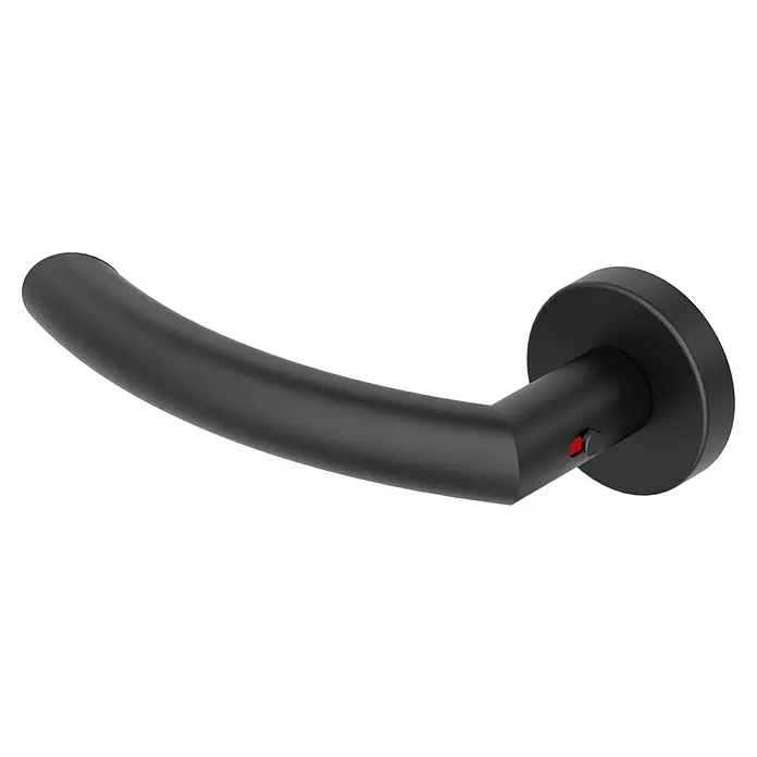 Diamond Doors Zimmertürgarnitur Wisconsin Smart2Lock links - Stärke Tür: 38 mm - 45 mm, L-Form, Schwarz, DIN Anschlag: Links, Passend für: Türen ohne Schlüssellochbohrung, Türen mit Schlüssellochbohrung benötigen zusätzlich eine Blindrosette - Nahaufnahme eines modernen, mattschwarzen Türgriffs mit einem kleinen roten Akzent, der elegantes Design und Funktionalität vereint.