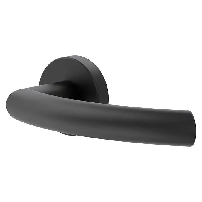 Diamond Doors Zimmertürgarnitur Wisconsin Smart2Lock rechts - Stärke Tür: 38 mm - 45 mm, L-Form, Schwarz, DIN Anschlag: Rechts, Passend für: Türen ohne Schlüssellochbohrung, Türen mit Schlüssellochbohrung benötigen zusätzlich eine Blindrosette - Nahaufnahme eines stilvollen, mattschwarzen Türgriffs, der modernes Design und Funktionalität für jede Tür vereint.