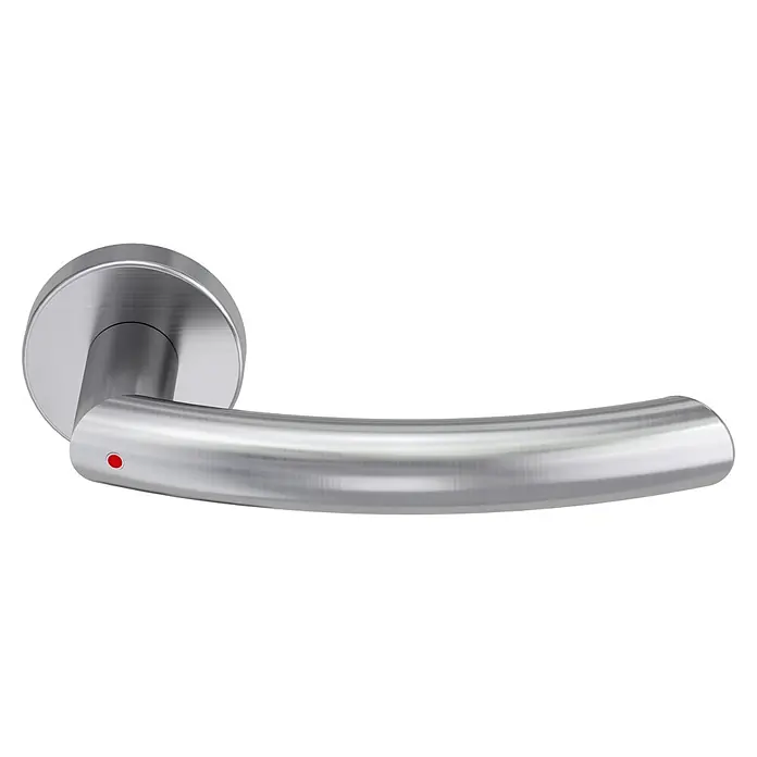 Diamond Doors Zimmertürgarnitur Wisconsin Smart2Lock rechts - Stärke Tür: 38 mm - 45 mm, L-Form, Edelstahl matt, DIN Anschlag: Rechts, Passend für: Türen ohne Schlüssellochbohrung, Türen mit Schlüssellochbohrung benötigen zusätzlich eine Blindrosette - Nahaufnahme eines modernen Türgriffs aus gebürstetem Edelstahl mit einem kleinen roten Punkt.