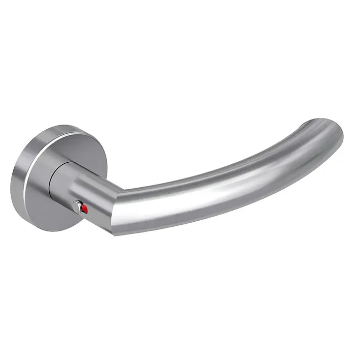 Diamond Doors Zimmertürgarnitur Wisconsin Smart2Lock rechts - Stärke Tür: 38 mm - 45 mm, L-Form, Edelstahl matt, DIN Anschlag: Rechts, Passend für: Türen ohne Schlüssellochbohrung, Türen mit Schlüssellochbohrung benötigen zusätzlich eine Blindrosette - Ein glänzender, silberner Türgriff mit rotem Punkt vor schwarzem Hintergrund. Elegantes und modernes Design für jede Tür.