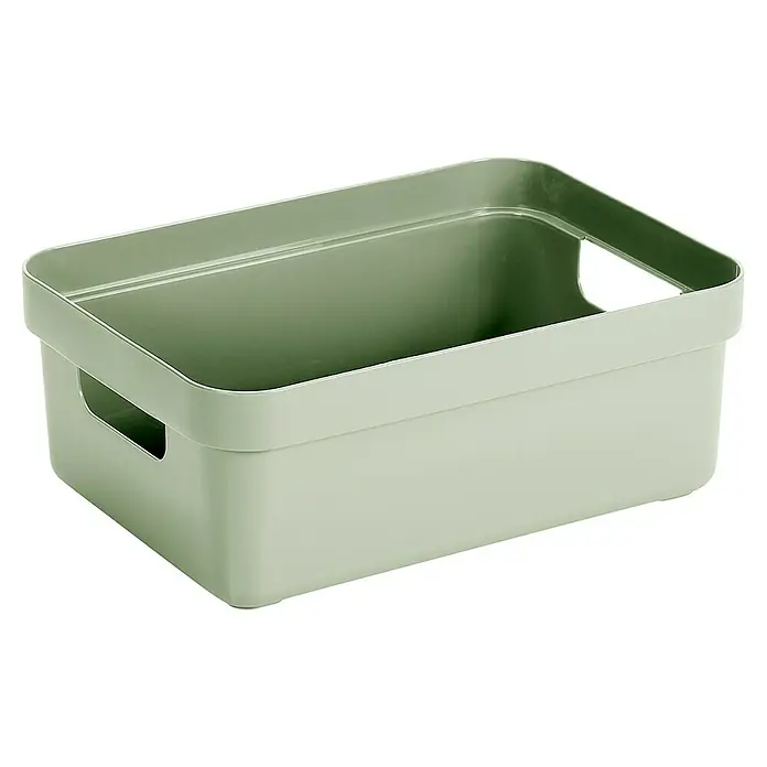 Sunware Aufbewahrungsbox Sigma Home - L x B x H: 35 x 24,6 x 12,2 cm, Kunststoff, Hellgrün - Nahaufnahme einer grünen Aufbewahrungsbox aus Kunststoff mit Griffen, ideal für die Organisation von Gegenständen im Haushalt.