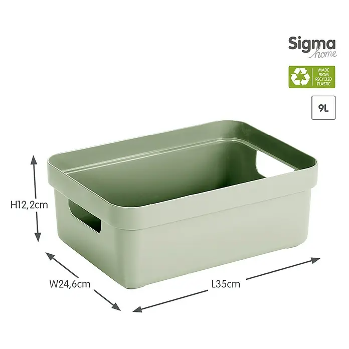 Sunware Aufbewahrungsbox Sigma Home - L x B x H: 35 x 24,6 x 12,2 cm, Kunststoff, Hellgrün - Aufnahme eines hellgrünen Sigma Home Aufbewahrungskorbs aus recyceltem Kunststoff, Größe 9L, mit Maßangaben.