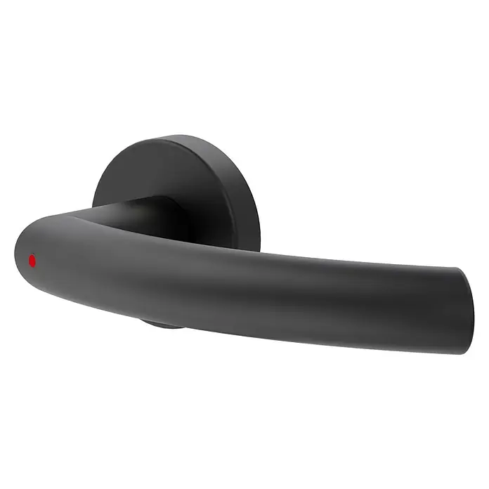 Diamond Doors Zimmertürgarnitur Wisconsin Smart2Lock rechts - Stärke Tür: 38 mm - 45 mm, L-Form, Schwarz, DIN Anschlag: Rechts, Passend für: Türen ohne Schlüssellochbohrung, Türen mit Schlüssellochbohrung benötigen zusätzlich eine Blindrosette - Nahaufnahme eines mattschwarzen Türgriffs mit einem kleinen roten Punkt an der Spitze.