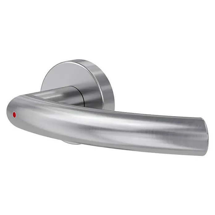Diamond Doors Zimmertürgarnitur Wisconsin Smart2Lock rechts - Stärke Tür: 38 mm - 45 mm, L-Form, Edelstahl matt, DIN Anschlag: Rechts, Passend für: Türen ohne Schlüssellochbohrung, Türen mit Schlüssellochbohrung benötigen zusätzlich eine Blindrosette - Ein detailreiches Bild eines Türgriffs aus gebürstetem Edelstahl, der sich durch seine rote Markierung und sein modernes Design auszeichnet.