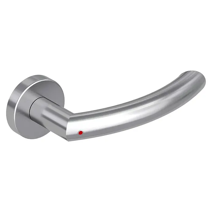 Diamond Doors Zimmertürgarnitur Wisconsin Smart2Lock rechts - Stärke Tür: 38 mm - 45 mm, L-Form, Edelstahl matt, DIN Anschlag: Rechts, Passend für: Türen ohne Schlüssellochbohrung, Türen mit Schlüssellochbohrung benötigen zusätzlich eine Blindrosette - Nahaufnahme eines modernen Türgriffs aus Edelstahl mit rotem Punkt. Das Design ist elegant und minimalistisch.
