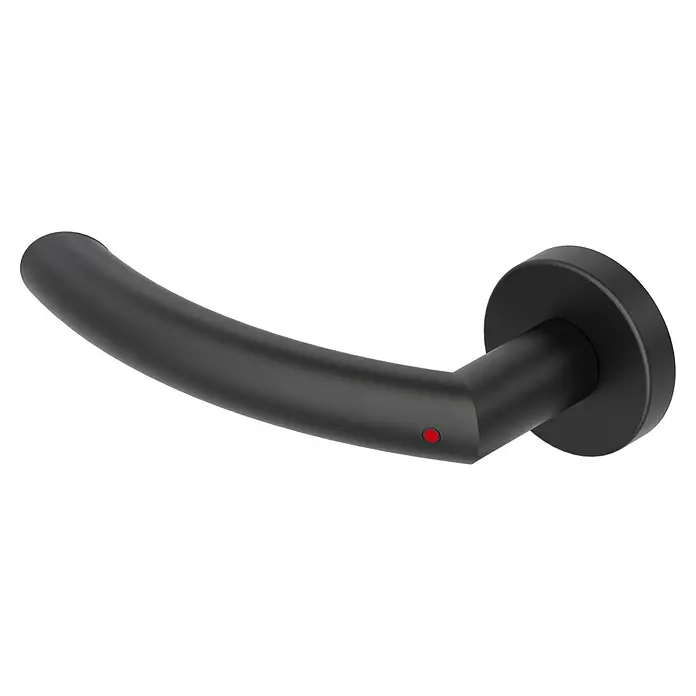 Diamond Doors Zimmertürgarnitur Wisconsin Smart2Lock links - Stärke Tür: 38 mm - 45 mm, L-Form, Schwarz, DIN Anschlag: Links, Passend für: Türen ohne Schlüssellochbohrung, Türen mit Schlüssellochbohrung benötigen zusätzlich eine Blindrosette - Eine moderne, mattschwarze Türdrückergarnitur mit einem dezenten roten Punkt als Designakzent.