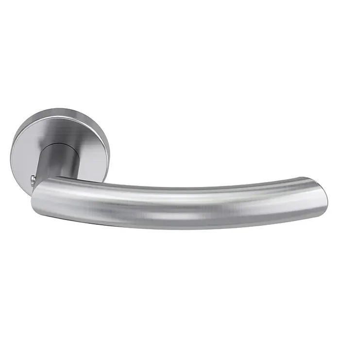 Diamond Doors Zimmertürgarnitur Wisconsin Smart2Lock rechts - Stärke Tür: 38 mm - 45 mm, L-Form, Edelstahl matt, DIN Anschlag: Rechts, Passend für: Türen ohne Schlüssellochbohrung, Türen mit Schlüssellochbohrung benötigen zusätzlich eine Blindrosette - Nahaufnahme eines eleganten Türgriffs aus gebürstetem Stahl, der Funktionalität und modernes Design vereint. Die ideale Ergänzung für jedes Interieur.