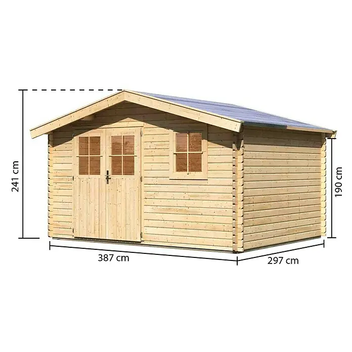 Karibu Gartenhaus Felsenau 5 - Außenmaß inkl. Dachüberstand (B x T): 407 x 320 cm, Holz, Natur - Bild eines Holzgartenhauses mit den Maßen 387 cm Breite, 297 cm Tiefe und 241 cm Höhe.