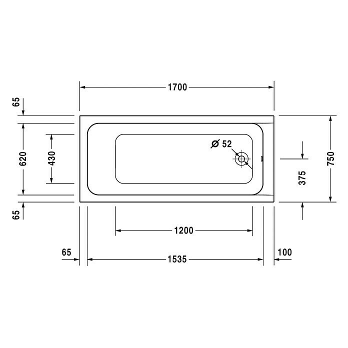 Duravit D-Code Badewanne (170 x 75 cm, Ablauf: Fußende, Sanitäracryl, Weiß)