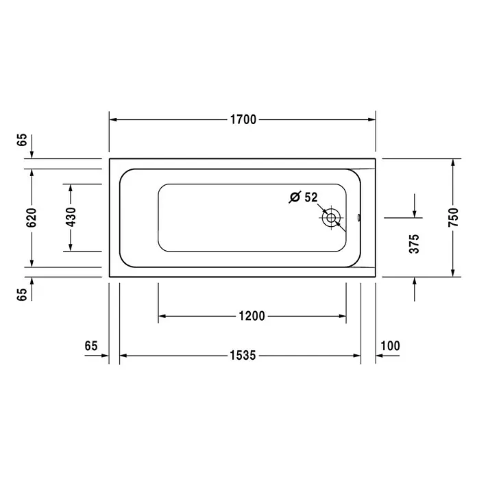 Duravit D-Code Badewanne - 170 x 75 cm, Sanitäracryl, Weiß, Position Ablauföffnung: Fußende - Draufsicht auf eine Badewanne mit Maßangaben zu Länge, Breite und Durchmesser des Abflusses.