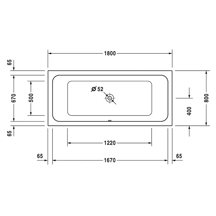 Duravit D-Code Badewanne - 180 x 80 cm, Sanitäracryl, Weiß - Technische Zeichnung einer rechteckigen Badewanne mit Maßangaben in Millimetern.