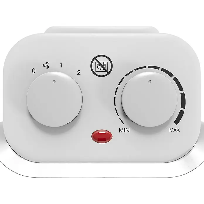 Voltomat HEATING Keramik-Heizlüfter Mini Tower - 2.000 W, Silber, 20,5 x 16,2 x 44,5 cm - Nahaufnahme der Bedienelemente eines Heizgeräts mit zwei Drehknöpfen und einer roten Kontrollleuchte.