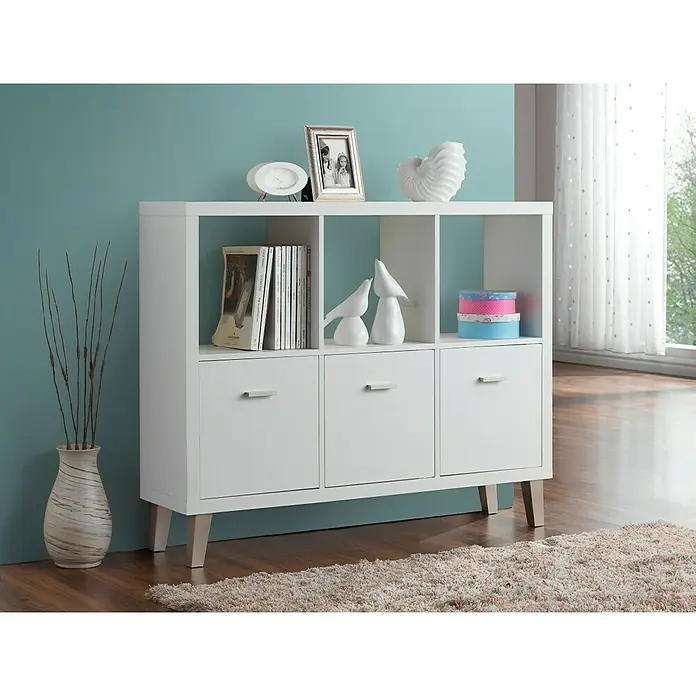 Aparador Venecia - L x An x Al: 30 x 117 x 94 cm, Blanco - Librería blanca moderna con compartimentos y cajones. Perfecta para guardar libros y objetos decorativos con estilo.