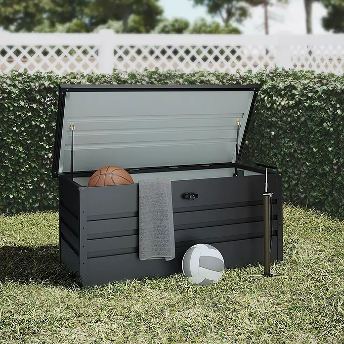 Hoggar Garten-Aufbewahrungsbox Sveg - L x B x H: 120 x 61 x 62 cm, Anthrazit - Geräumige Aufbewahrungsbox für den Außenbereich mit geöffnetem Deckel, ideal zur Aufbewahrung von Sportgeräten und Handtüchern im Garten.