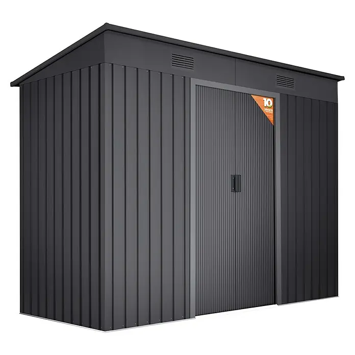 Hoggar Gerätehaus Oulu Dark - Außenbreite inkl. Dachüberstand: 238 cm, Außentiefe inkl. Dachüberstand: 130 cm, Stahl, Grau - Ein graues Metallgartenhaus mit einer Tür und einem Satteldach. Ideal für die Aufbewahrung von Gartengeräten und -möbeln.