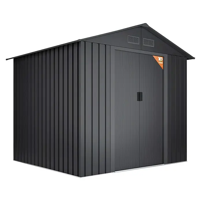 Hoggar Caseta para jardín Gotland - Medidas ext. (An x Pr): 261 x 202 cm, Antracita, Acero, Área: 5,27 m² - Imagen de una caseta de jardín moderna de metal negro con un distintivo techo a dos aguas. Ideal para almacenamiento en el jardín.