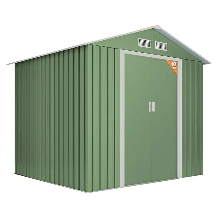 Hoggar Caseta para jardín Gotland - Medidas ext. (An x Pr): 261 x 202 cm, Verde, Acero, Área: 5,27 m² - Caseta de jardín de metal verde con puerta doble y detalles en gris, ideal para almacenar herramientas y equipos de jardinería.