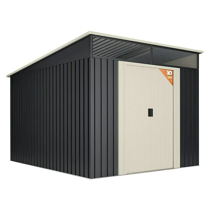 Hoggar Caseta para jardín Karlstad - Medidas ext. (An x Pr): 238 x 322 cm, Antracita, Acero, Área: 7,6 m² - Imagen de una caseta de jardín metálica gris moderna con puerta clara y área de techo transparente.