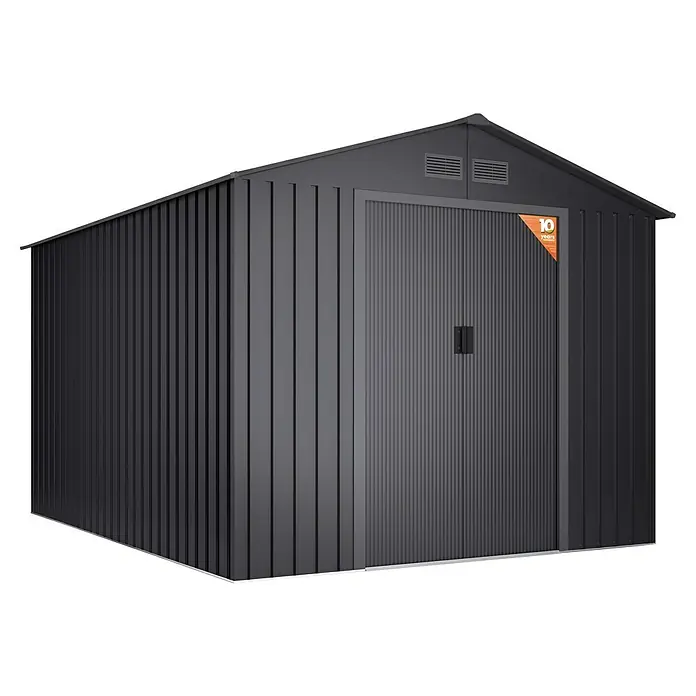 Hoggar Caseta para jardín Koppen - Medidas ext. (An x Pr): 258 x 313 cm, Antracita, Acero, Área: 8,08 m² - Imagen de un cobertizo de jardín de metal gris con puerta y ranuras de ventilación.