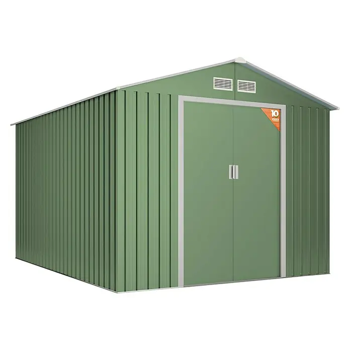 Hoggar Caseta para jardín Koppen - Medidas ext. (An x Pr): 258 x 313 cm, Verde, Acero, Área: 8,08 m² - Una caseta de jardín verde con puertas dobles y adhesivo de garantía de 10 años, ideal para guardar herramientas y equipos de jardinería.