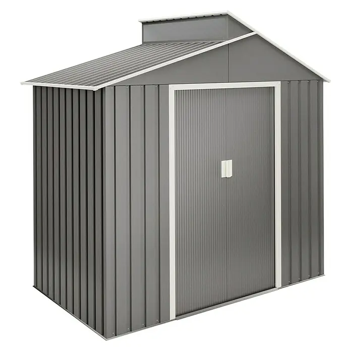 Hoggar Gerätehaus Nuuk - Außenmaß inkl. Dachüberstand (B x T): 220 x 129 cm, Stahl, Grün, Grundfläche: 2,84 m² - Ein graues Metall-Gartengerätehaus mit weißem Dach und weißen Türrahmen vor schwarzem Hintergrund.