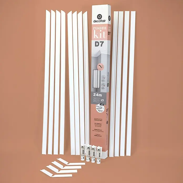Nmc Decoflair Zierprofil-Set Roomkit mit Ecken und Kleber - Max. Anwendungslänge: 24 m, Extrudiertes Polystyrol (XPS) - Ein Decoflair D7 Raum-Komplettset mit Zierleisten, Montagekleber und dem Hinweis auf 24m Gesamtlänge für die Raumgestaltung.