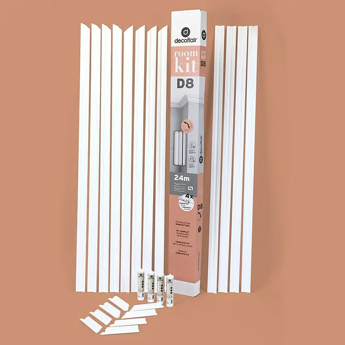 Nmc Decoflair Zierprofil-Set Roomkit D8 mit Ecken und Kleber - Max. Anwendungslänge: 24 m, Extrudiertes Polystyrol (XPS) - Decoflair D8 Raumdekorations-Set mit Zierleisten, Klebstoff und Montagezubehör für eine stilvolle Raumgestaltung.