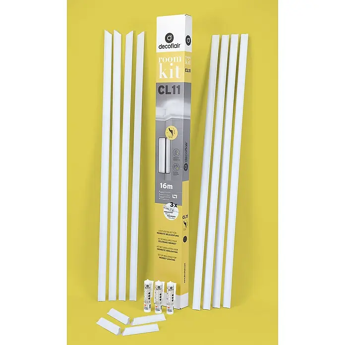 Nmc Decoflair Zierprofil-Set Roomkit mit Ecken und Kleber - 16 m, Hochverdichtetes extrudiertes Polymer (HDPS) - Decoflair Raum Kit CL11 für indirekte Beleuchtung. Enthält Leisten, Kleber und Zubehör zur einfachen Installation und Gestaltung.