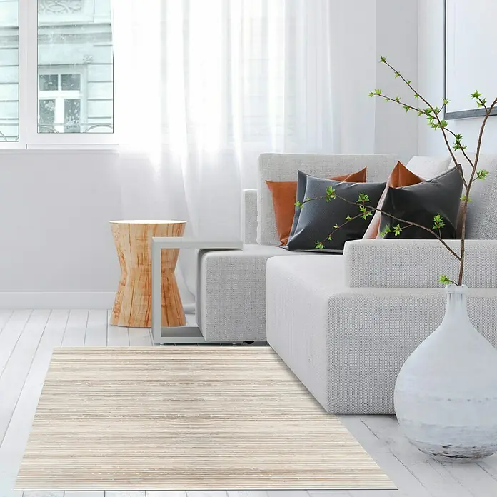 Alfombra de bambú Cool - Yeso, 200 x 140 cm - Primer plano de una sala de estar moderna con una alfombra elegante que realza el espacio y crea un ambiente acogedor.