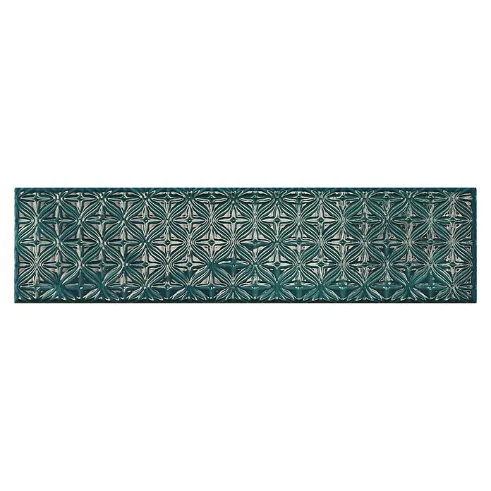BHS Showroom Revestimiento de pared Rain Decor - 7,5 x 30 cm, Aquamarine, Brillante - Primer plano de una decoración azul con un patrón de rombos repetido, perfecto para el diseño artístico.
