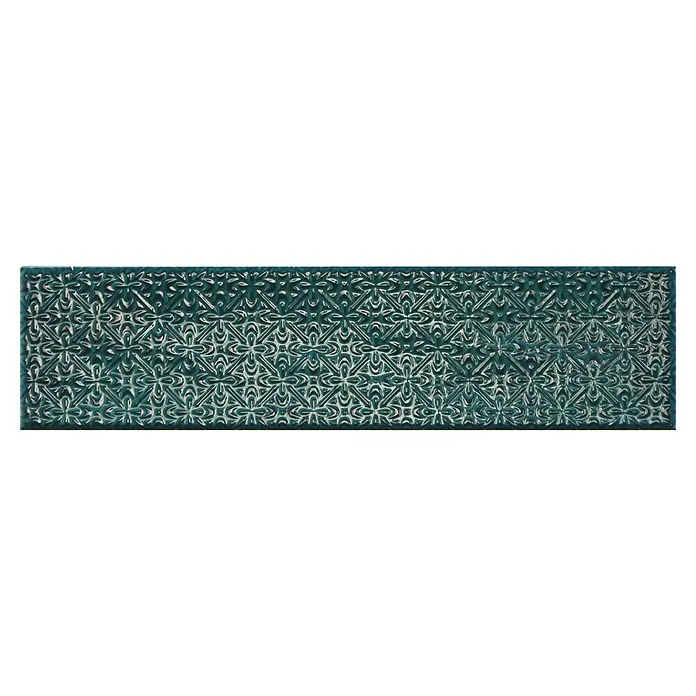 BHS Showroom Revestimiento de pared Rain Decor - 7,5 x 30 cm, Aquamarine, Brillante - Un patrón de relieve horizontal rectangular con elementos florales y formas geométricas en un tono verde turquesa.