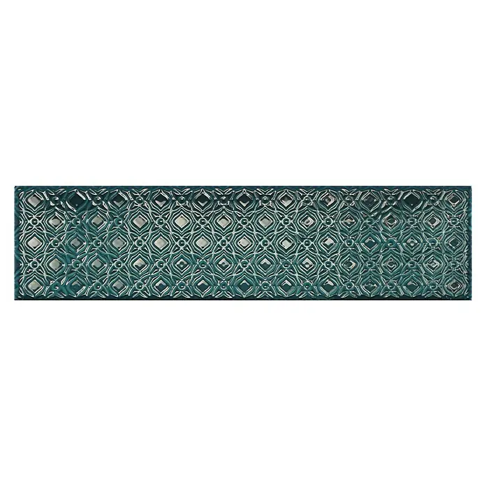 BHS Showroom Revestimiento de pared Rain Decor - 7,5 x 30 cm, Aquamarine, Brillante - Patrón ornamental decorativo verde azulado con detalles en blanco, que ofrece un toque elegante y con estilo.