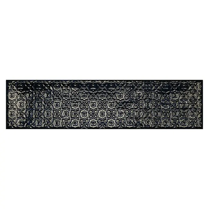 BHS Showroom Revestimiento de pared Rain Decor - 7,5 x 30 cm, Blue, Brillante - Placa de metal con un patrón geométrico decorativo. La placa es oscura y presenta un diseño plateado.
