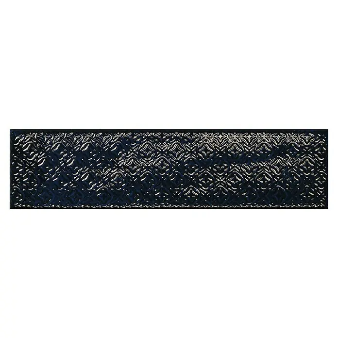 BHS Showroom Revestimiento de pared Rain Decor - 7,5 x 30 cm, Blue, Brillante - Diseño abstracto de papel tapiz en azul oscuro y plata con ornamentos repetidos y textura ondulada. Patrón decorativo para interiores modernos.
