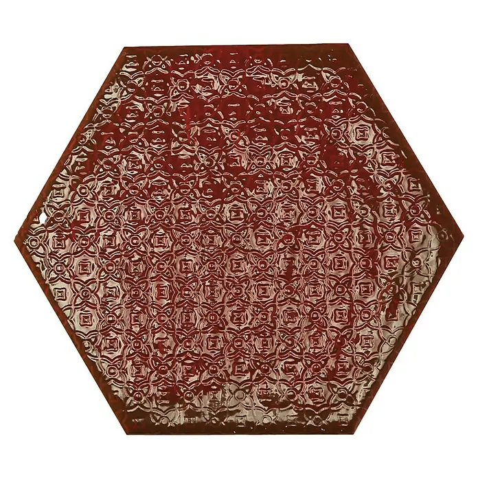 BHS Showroom Revestimiento de pared Rain Decor - 19,8 x 22,8 cm, Bordeaux, Brillante - Un patrón de azulejo de pared hexagonal esmaltado rojo con un diseño texturizado, que ofrece un toque decorativo a cualquier espacio.