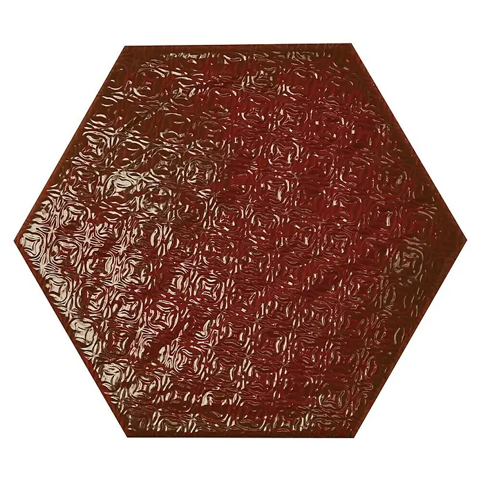 BHS Showroom Revestimiento de pared Rain Decor - 19,8 x 22,8 cm, Bordeaux, Brillante - Baldosa hexagonal rojo oscuro de alto brillo con un patrón decorativo en relieve para un diseño elegante de pared o piso.