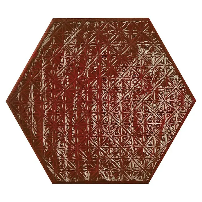 BHS Showroom Revestimiento de pared Rain Decor - 19,8 x 22,8 cm, Bordeaux, Brillante - Baldosa hexagonal roja con un delicado patrón floral en relieve, ideal para un diseño interior elegante y llamativo.