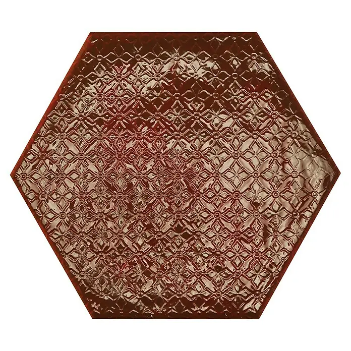 BHS Showroom Revestimiento de pared Rain Decor - 19,8 x 22,8 cm, Bordeaux, Brillante - Baldosa hexagonal de color marrón rojizo con un patrón en relieve, ideal para diseños interiores elegantes de paredes y suelos.