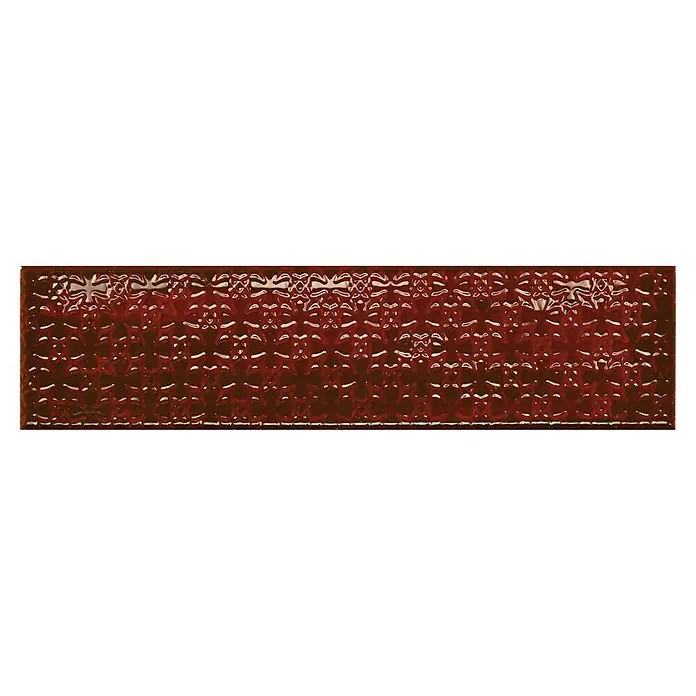 BHS Showroom Revestimiento de pared Rain Decor - 7,5 x 30 cm, Bordeaux, Brillante - Imagen de un patrón detallado marrón-rojo sobre un objeto rectangular, mostrando texturas y reflejos interesantes.