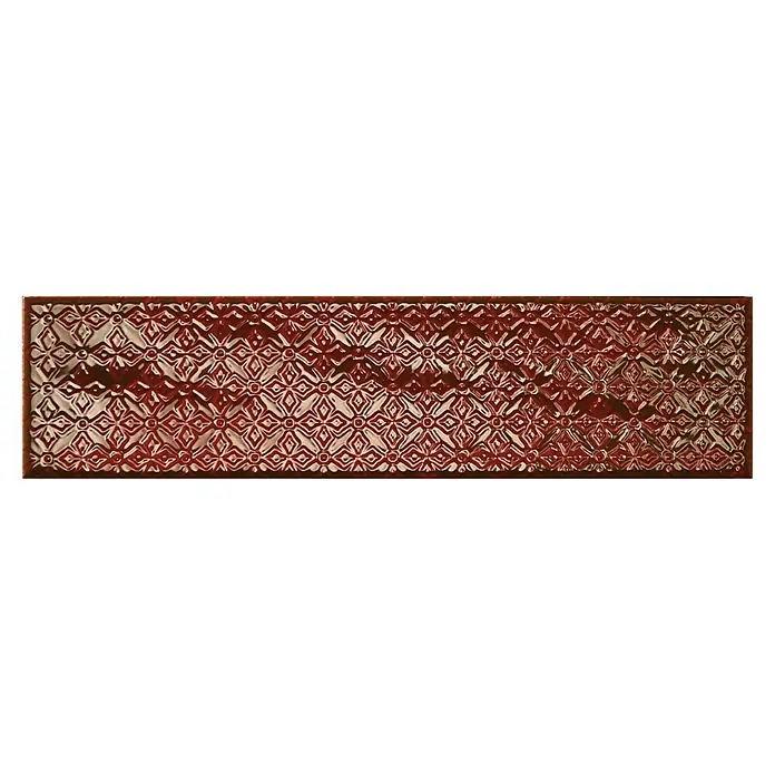 BHS Showroom Revestimiento de pared Rain Decor - 7,5 x 30 cm, Bordeaux, Brillante - Patrón rojo-dorado que se asemeja a una pared de azulejos decorativa. La superficie tiene una calidad ligeramente reflectante y texturizada.