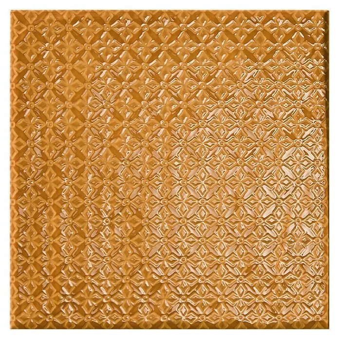 BHS Showroom Revestimiento de pared Rain Decor - 22,3 x 22,3 cm, Kaki, Brillante - Primer plano de una baldosa dorada cuadrada en relieve que muestra un elegante patrón floral repetitivo.