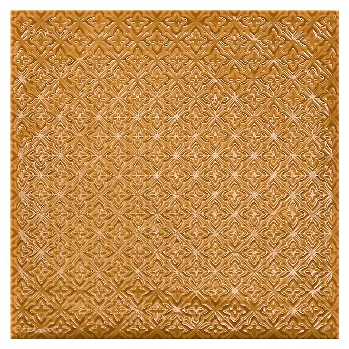 BHS Showroom Revestimiento de pared Rain Decor - 22,3 x 22,3 cm, Kaki, Brillante - Baldosa dorada texturizada con un patrón floral repetitivo, ideal para paredes o suelos.