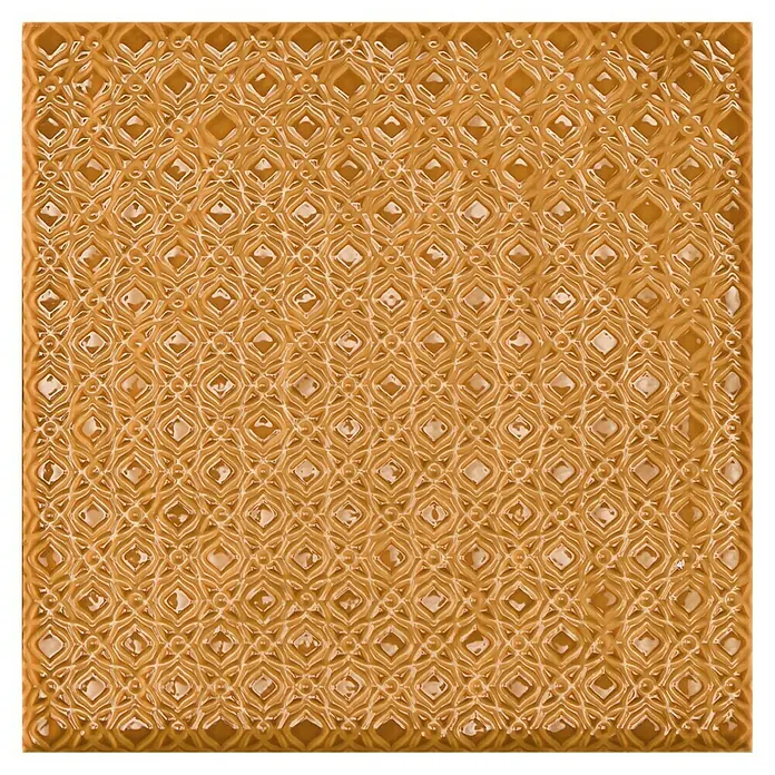 BHS Showroom Revestimiento de pared Rain Decor - 22,3 x 22,3 cm, Kaki, Brillante - Primer plano de una baldosa marrón con un patrón de diamantes en relieve, que ofrece una textura cálida y acogedora para los espacios habitables.