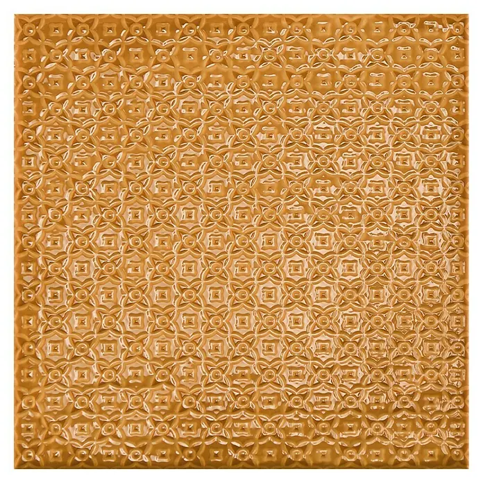 BHS Showroom Revestimiento de pared Rain Decor - 22,3 x 22,3 cm, Kaki, Brillante - Primer plano de una baldosa marrón texturizada con un patrón geométrico.